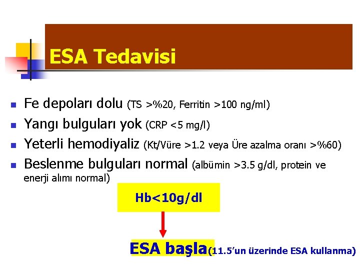ESA Tedavisi n n Fe depoları dolu (TS >%20, Ferritin >100 ng/ml) Yangı bulguları
