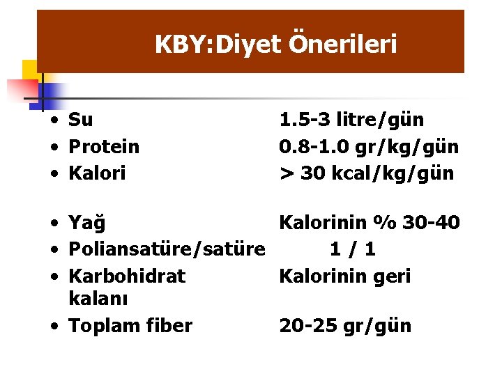 KBY: Diyet Önerileri • Su • Protein • Kalori 1. 5 -3 litre/gün 0.