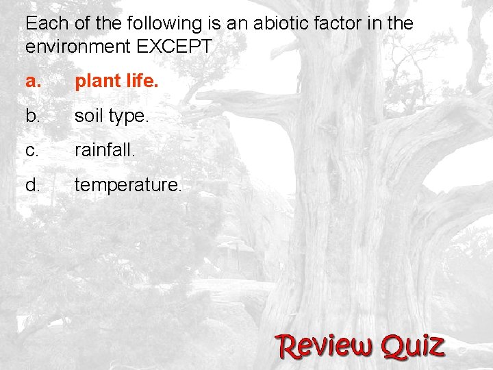 Each of the following is an abiotic factor in the environment EXCEPT a. plant