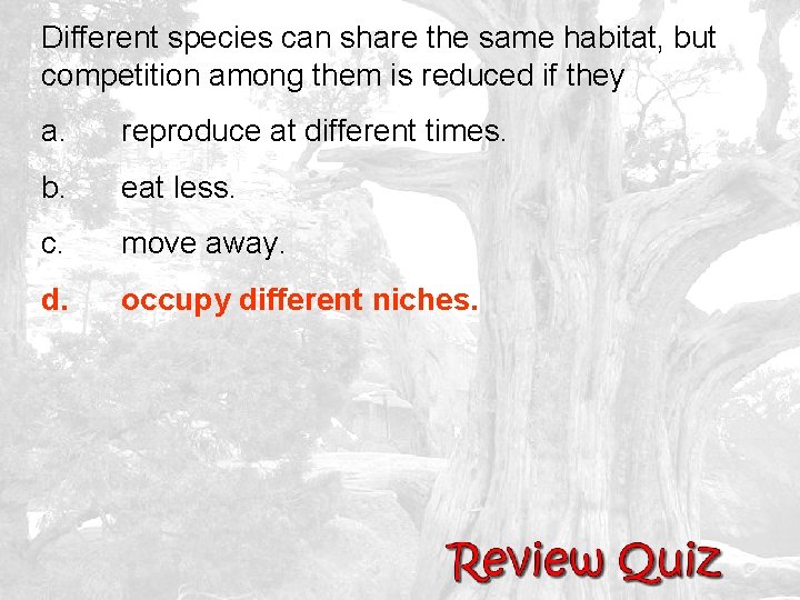 Different species can share the same habitat, but competition among them is reduced if