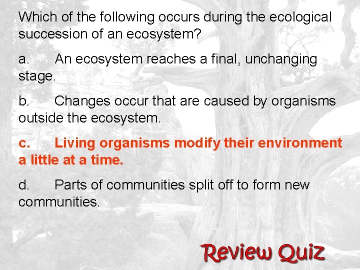 Which of the following occurs during the ecological succession of an ecosystem? a. An