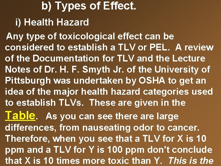 b) Types of Effect. i) Health Hazard Any type of toxicological effect can be