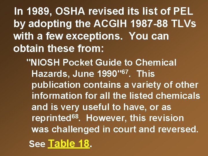 In 1989, OSHA revised its list of PEL by adopting the ACGIH 1987 -88