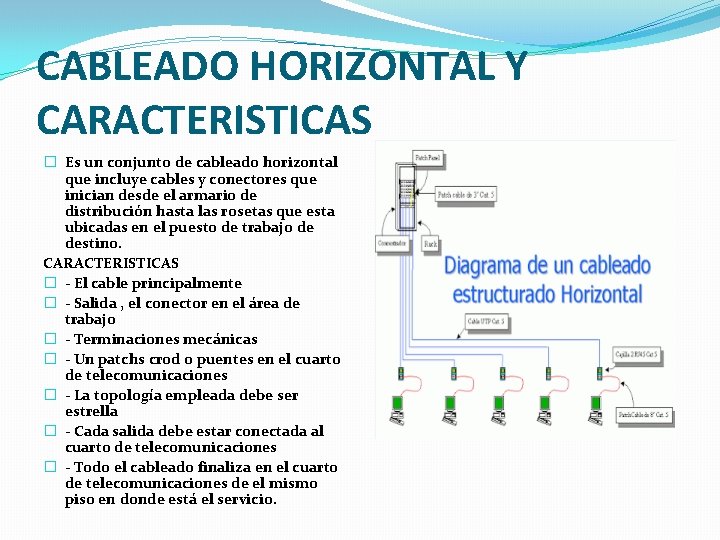 CABLEADO HORIZONTAL Y CARACTERISTICAS � Es un conjunto de cableado horizontal que incluye cables