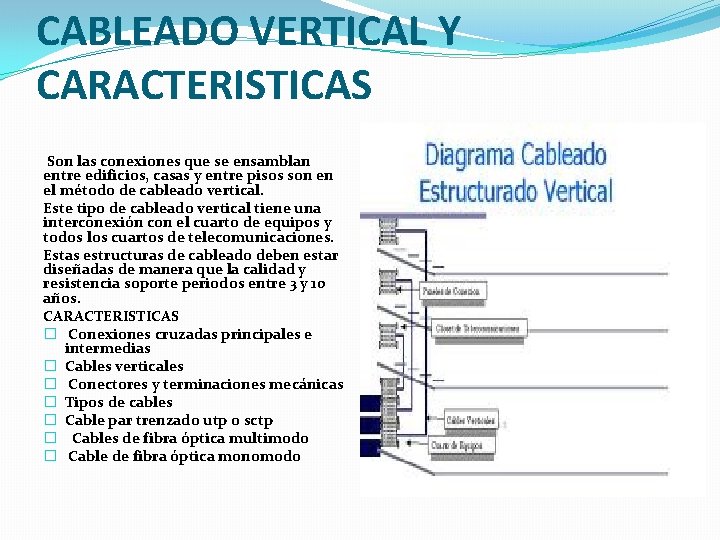 CABLEADO VERTICAL Y CARACTERISTICAS Son las conexiones que se ensamblan entre edificios, casas y