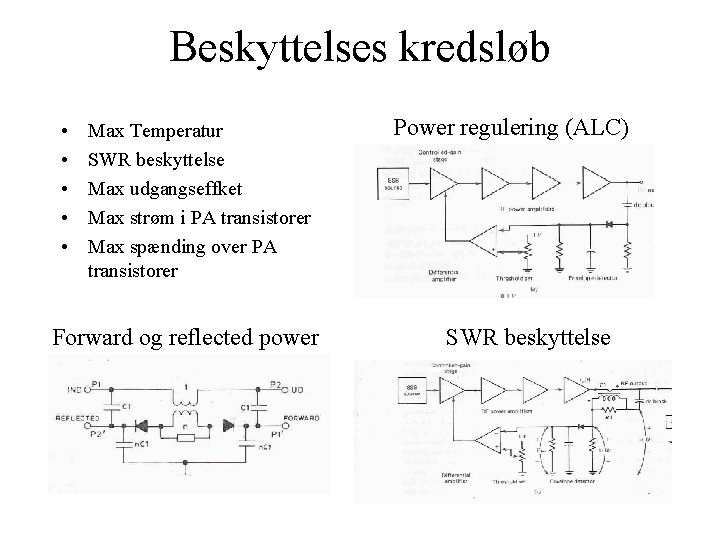 Beskyttelses kredsløb • • • Max Temperatur SWR beskyttelse Max udgangseffket Max strøm i