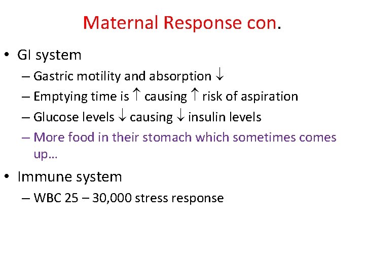 Maternal Response con. • GI system – Gastric motility and absorption – Emptying time