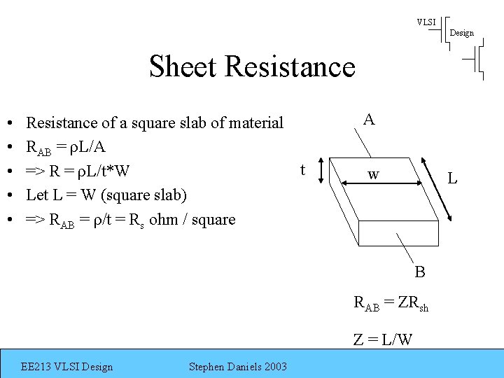 VLSI Design Sheet Resistance • • • Resistance of a square slab of material