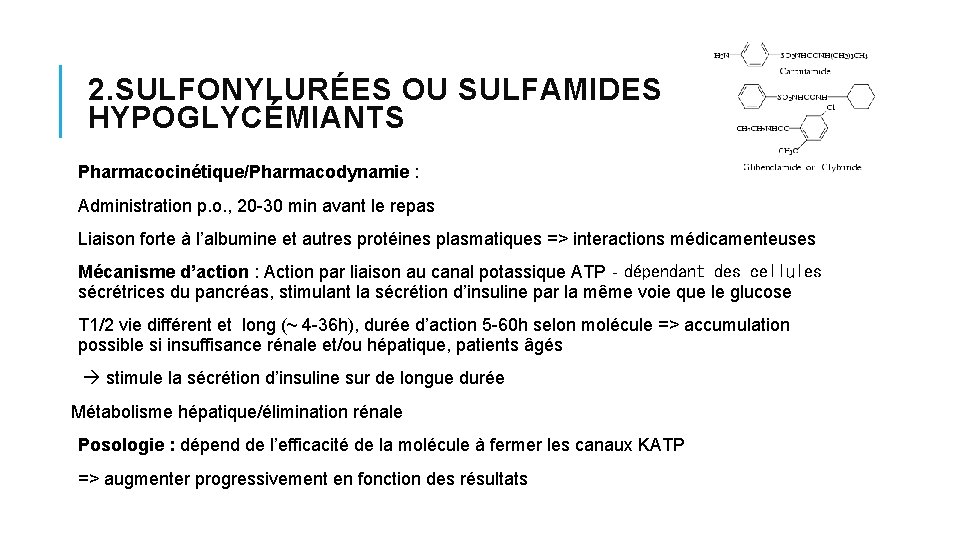 2. SULFONYLURÉES OU SULFAMIDES HYPOGLYCÉMIANTS Pharmacocinétique/Pharmacodynamie : Administration p. o. , 20 -30 min 2. SULFONYLURÉES OU SULFAMIDES HYPOGLYCÉMIANTS Pharmacocinétique/Pharmacodynamie : Administration p. o. , 20 -30 min