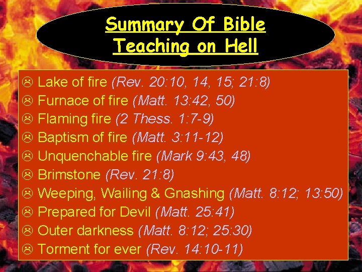 Summary Of Bible Teaching on Hell L Lake of fire (Rev. 20: 10, 14,
