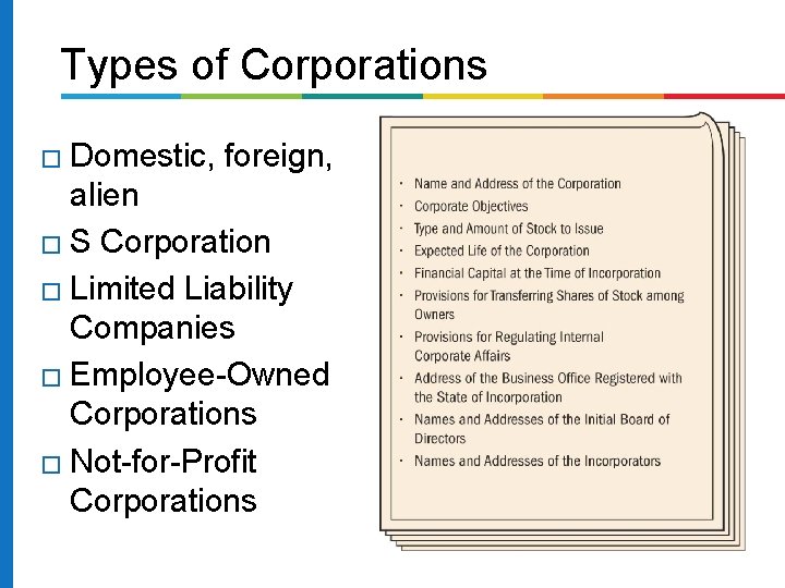 Types of Corporations Domestic, foreign, alien � S Corporation � Limited Liability Companies �