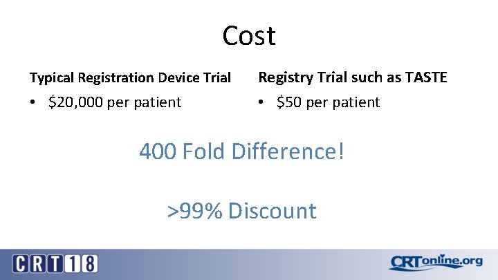 Cost Typical Registration Device Trial • $20, 000 per patient Registry Trial such as