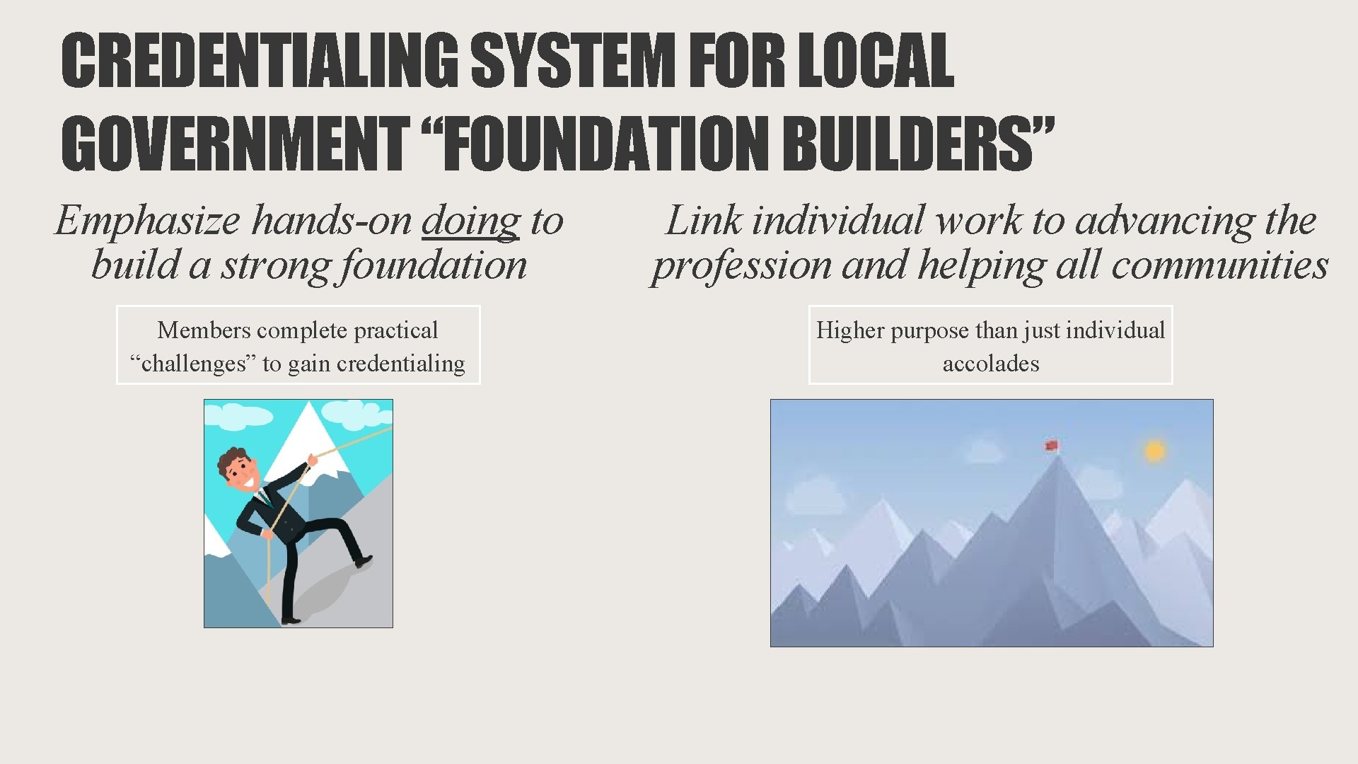 CREDENTIALING SYSTEM FOR LOCAL GOVERNMENT “FOUNDATION BUILDERS” Emphasize hands-on doing to build a strong