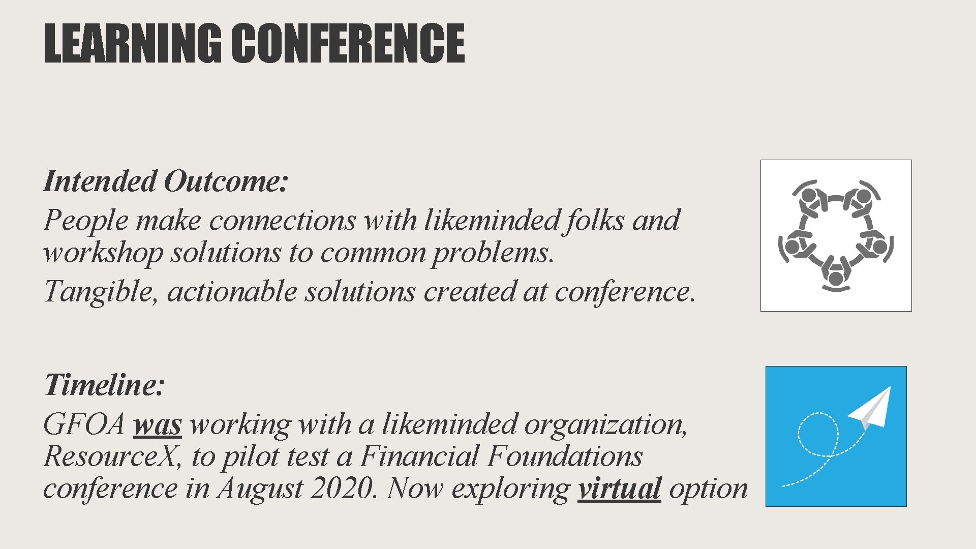 LEARNING CONFERENCE Intended Outcome: People make connections with likeminded folks and workshop solutions to