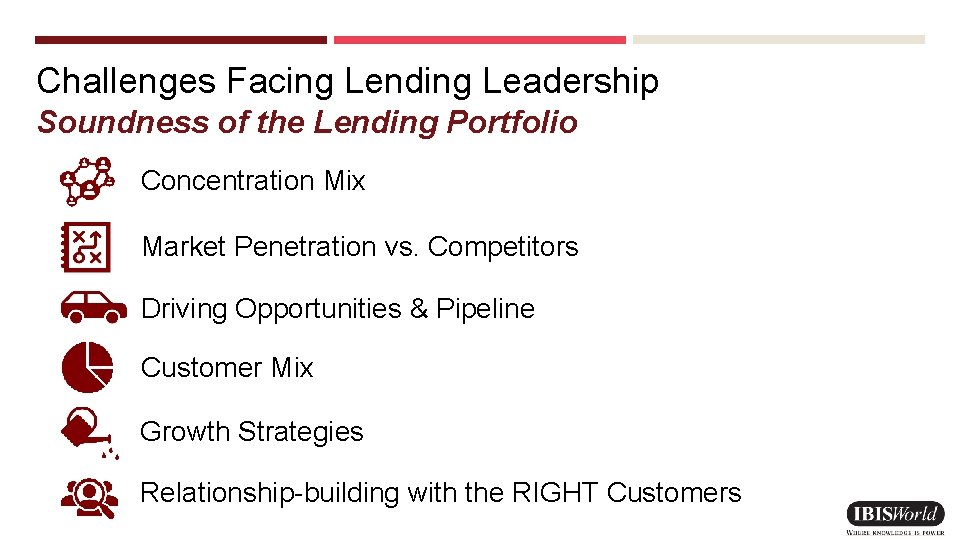 Challenges Facing Lending Leadership Soundness of the Lending Portfolio Concentration Mix Market Penetration vs.