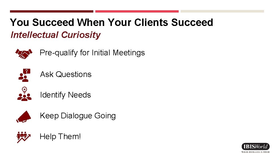 You Succeed When Your Clients Succeed Intellectual Curiosity Pre-qualify for Initial Meetings Ask Questions