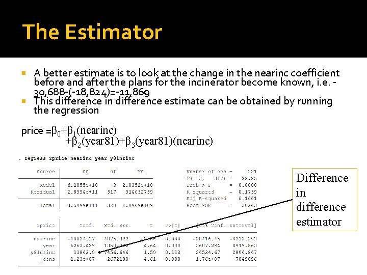 The Estimator A better estimate is to look at the change in the nearinc