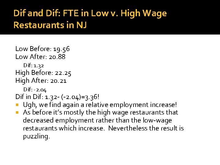 Dif and Dif: FTE in Low v. High Wage Restaurants in NJ Low Before: