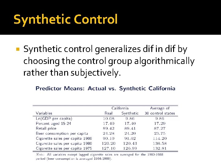 Synthetic Control Synthetic control generalizes dif in dif by choosing the control group algorithmically
