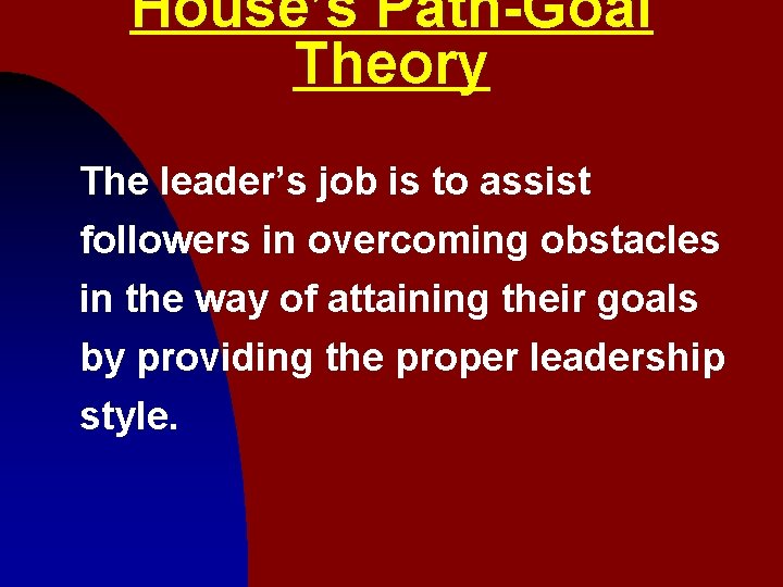 House’s Path-Goal Theory The leader’s job is to assist followers in overcoming obstacles in