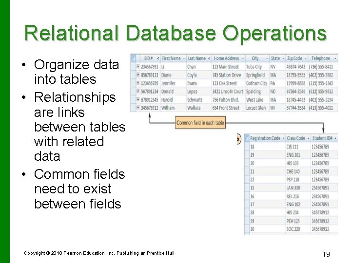 Relational Database Operations • Organize data into tables • Relationships are links between tables Relational Database Operations • Organize data into tables • Relationships are links between tables