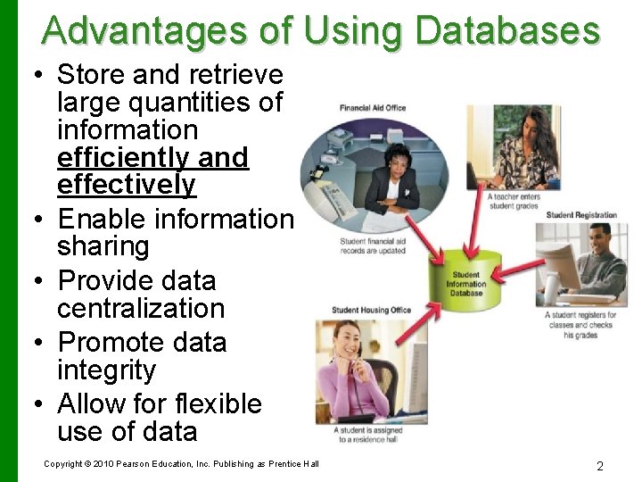Advantages of Using Databases • Store and retrieve large quantities of information efficiently and