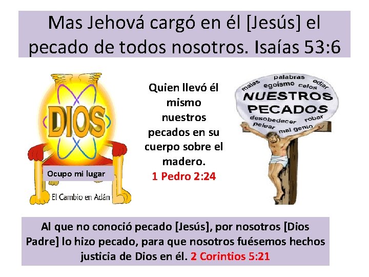 Mas Jehová cargó en él [Jesús] el pecado de todos nosotros. Isaías 53: 6