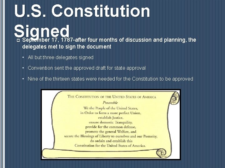 U. S. Constitution Signed p September 17, 1787 -after four months of discussion and