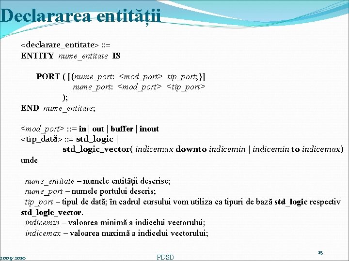 Declararea entității <declarare_entitate> : : = ENTITY nume_entitate IS PORT ( [{nume_port: <mod_port> tip_port;