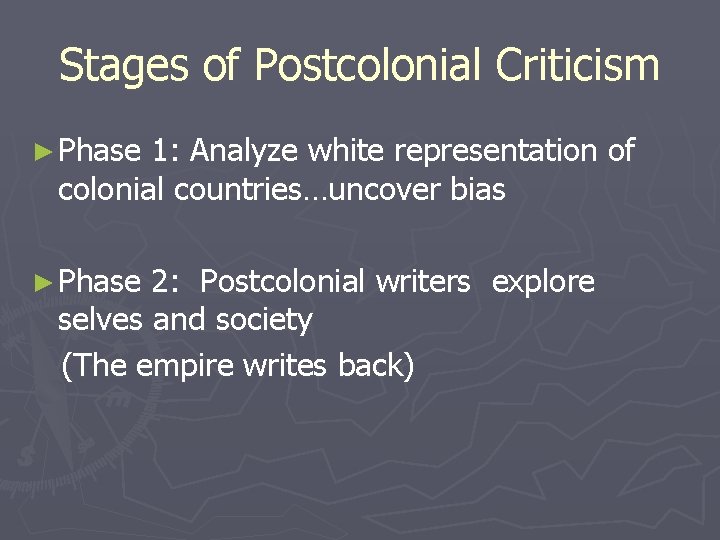 Stages of Postcolonial Criticism ► Phase 1: Analyze white representation of colonial countries…uncover bias