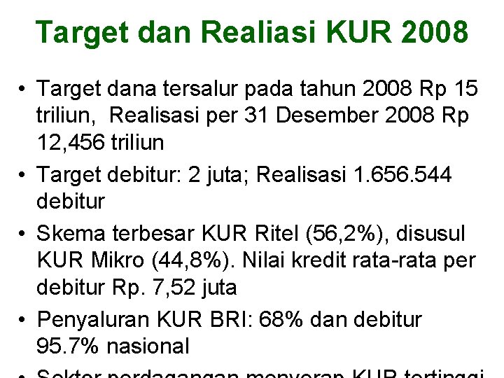 Target dan Realiasi KUR 2008 • Target dana tersalur pada tahun 2008 Rp 15