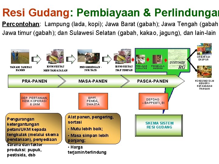 Resi Gudang: Pembiayaan & Perlindungan Percontohan: Lampung (lada, kopi); Jawa Barat (gabah); Jawa Tengah