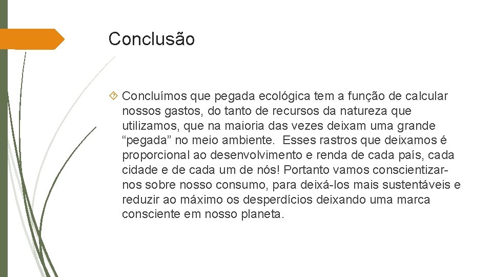 Conclusão Concluímos que pegada ecológica tem a função de calcular nossos gastos, do tanto