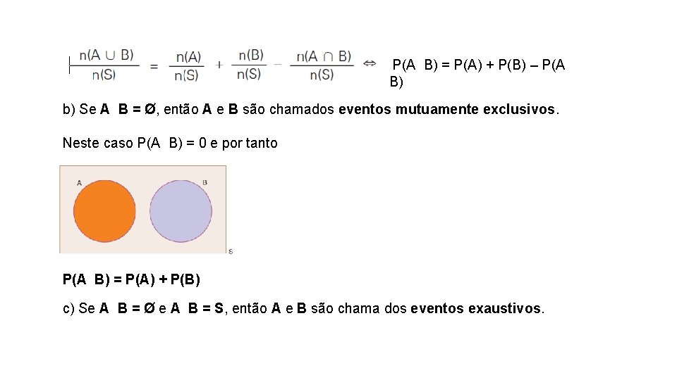 P(A B) = P(A) + P(B) – P(A B) b) Se A B =