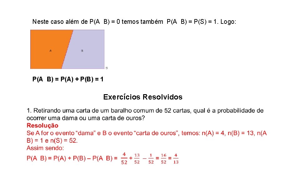 Neste caso além de P(A B) = 0 temos também P(A B) = P(S)