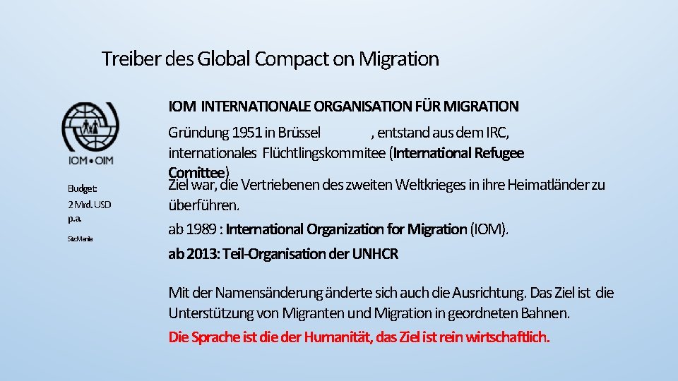Treiber des Global Compact on Migration IOM INTERNATIONALE ORGANISATION FÜR MIGRATION Budget: 2 Mrd.