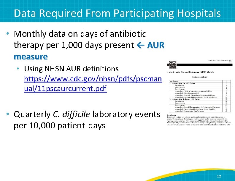 Data Required From Participating Hospitals • Monthly data on days of antibiotic therapy per