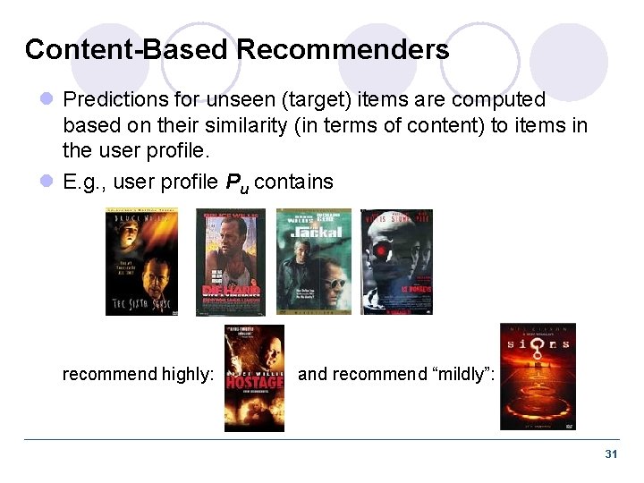 Content-Based Recommenders l Predictions for unseen (target) items are computed based on their similarity