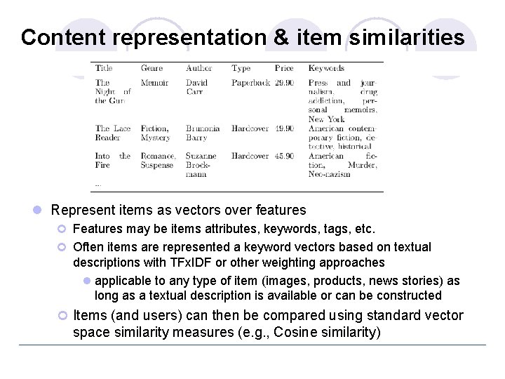 Content representation & item similarities l Represent items as vectors over features ¢ Features