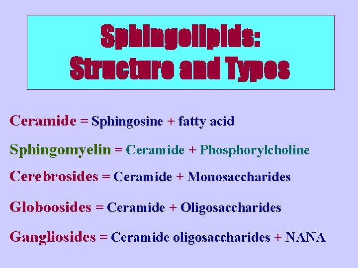 Sphingolipids: Structure and Types Ceramide = Sphingosine + fatty acid Sphingomyelin = Ceramide +