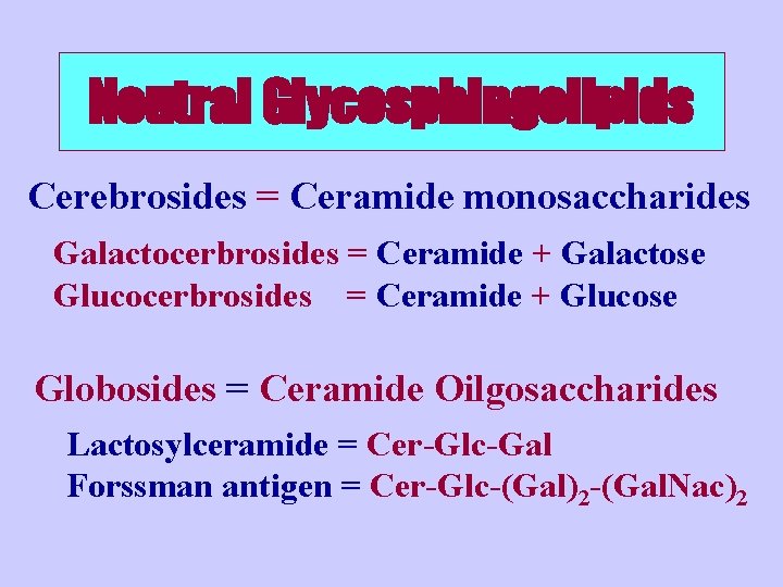 Neutral Glycosphingolipids Cerebrosides = Ceramide monosaccharides Galactocerbrosides = Ceramide + Galactose Glucocerbrosides = Ceramide