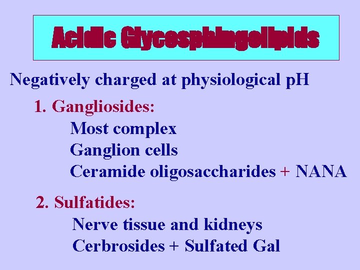 Acidic Glycosphingolipids Acidic Negatively charged at physiological p. H 1. Gangliosides: Most complex Ganglion