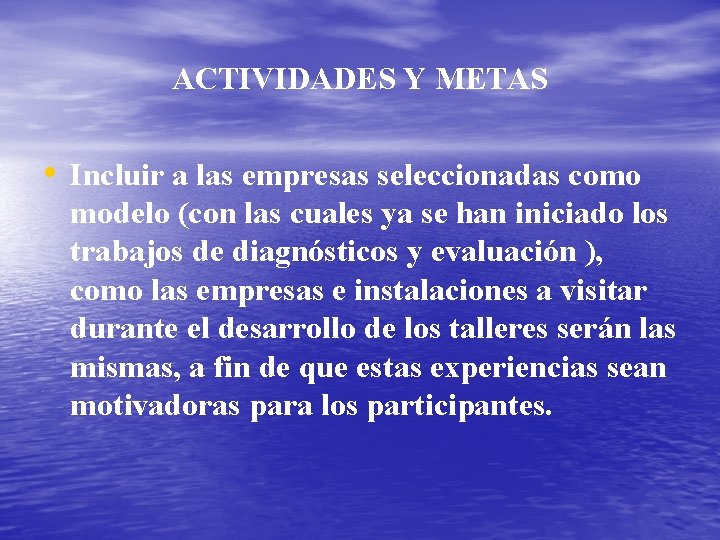 ACTIVIDADES Y METAS • Incluir a las empresas seleccionadas como modelo (con las cuales