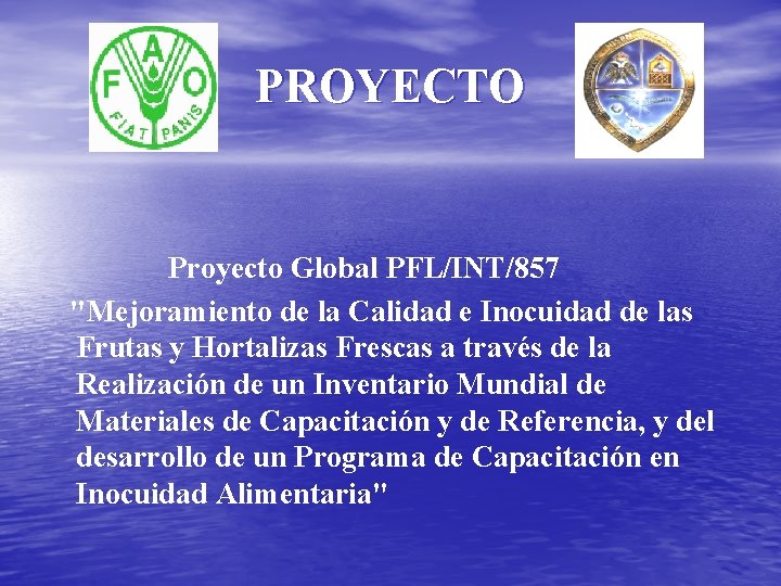 PROYECTO Proyecto Global PFL/INT/857 "Mejoramiento de la Calidad e Inocuidad de las Frutas y