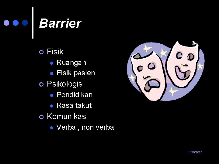 Barrier ¢ Fisik l l ¢ Psikologis l l ¢ Ruangan Fisik pasien Pendidikan