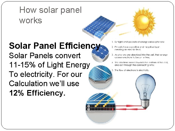 How solar panel works Solar Panel Efficiency Solar Panels convert 11 -15% of Light