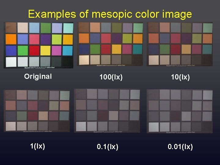Examples of mesopic color image Original 1(lx) 100(lx) 0. 1(lx) 10(lx) 0. 01(lx) 
