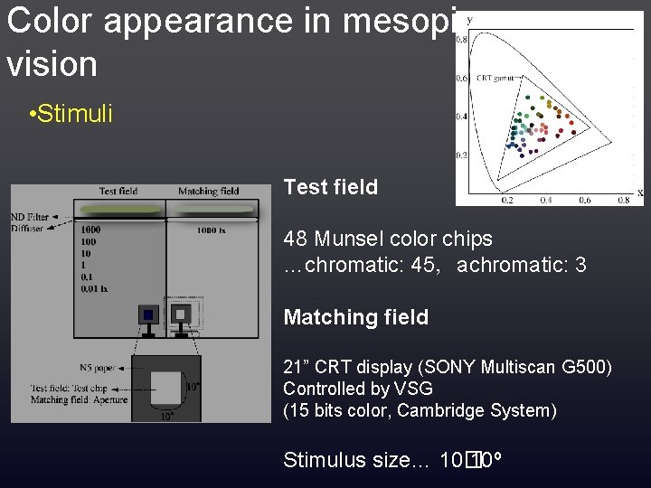 Color appearance in mesopic vision • Stimuli Test field 48 Munsel color chips …chromatic:
