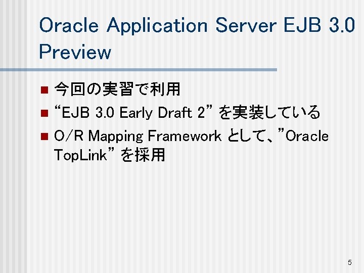 Oracle Application Server EJB 3. 0 Preview 今回の実習で利用 n “EJB 3. 0 Early Draft