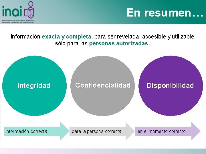 En resumen… Información exacta y completa, para ser revelada, accesible y utilizable sólo para